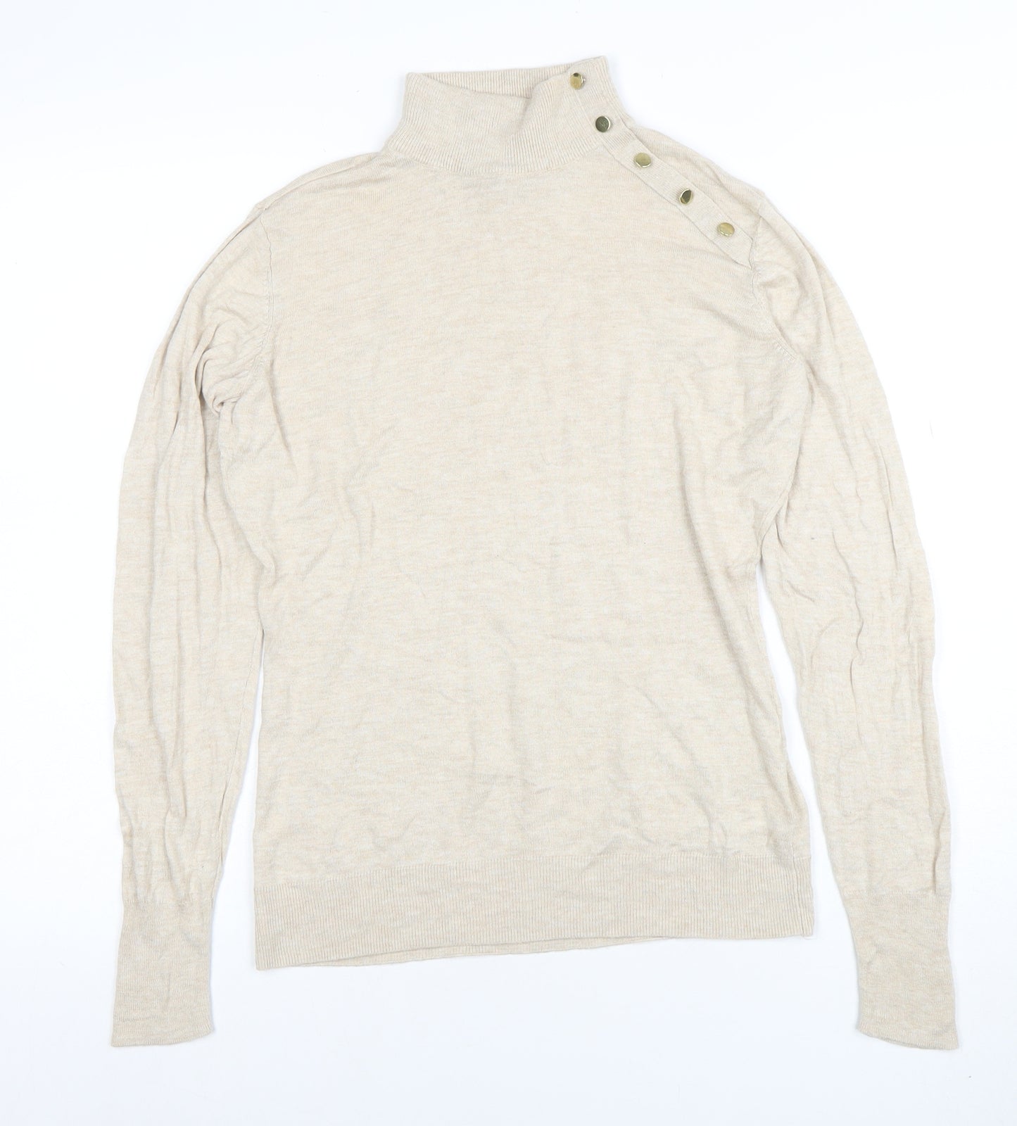 H&M Women's Beige Mock Neck Button Detail Knit Jumper Size M