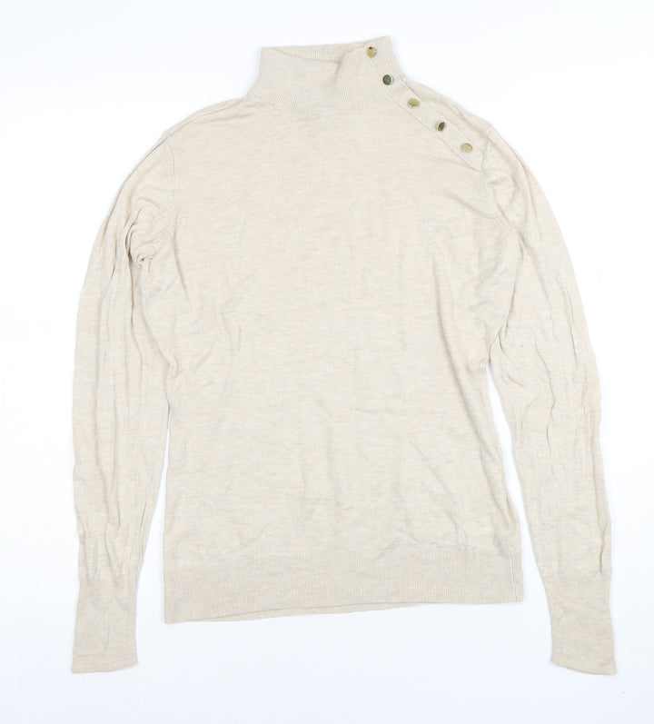 H&M Women's Beige Mock Neck Button Detail Knit Jumper Size M