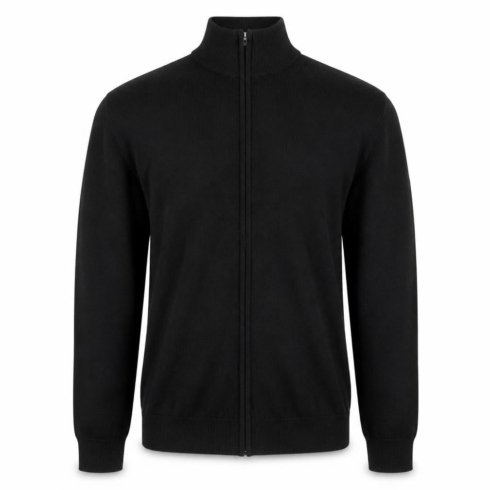 Front view of Broken Standard Men's Black Full Zip High Neck Cotton Blend Jumper M