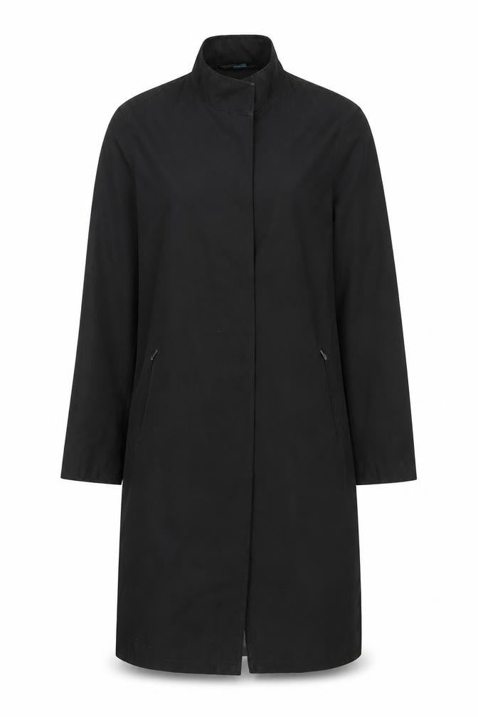 Front view of Nuage women’s black long overcoat, size UK 10, stylish zip classic coat