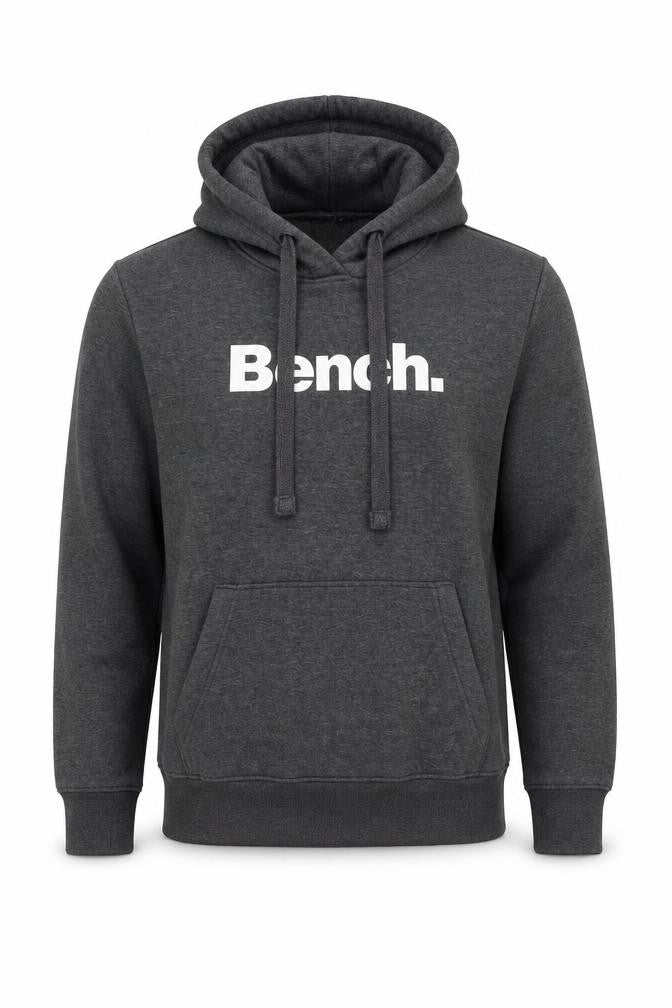 Front view of Bench Men’s Grey Pullover Hoodie L Regular Fit Logo Sweatshirt