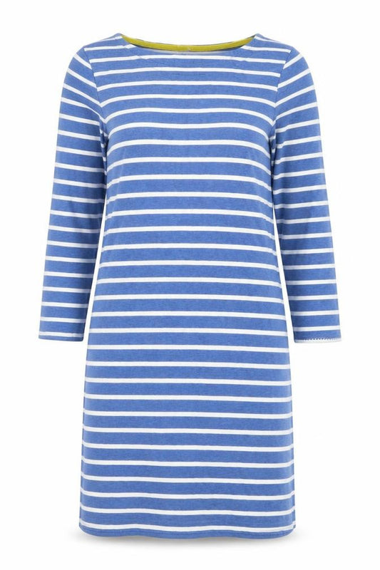 Front view of Boden Women Blue Striped 3/4 Sleeve Cotton T-Shirt Dress, size 12