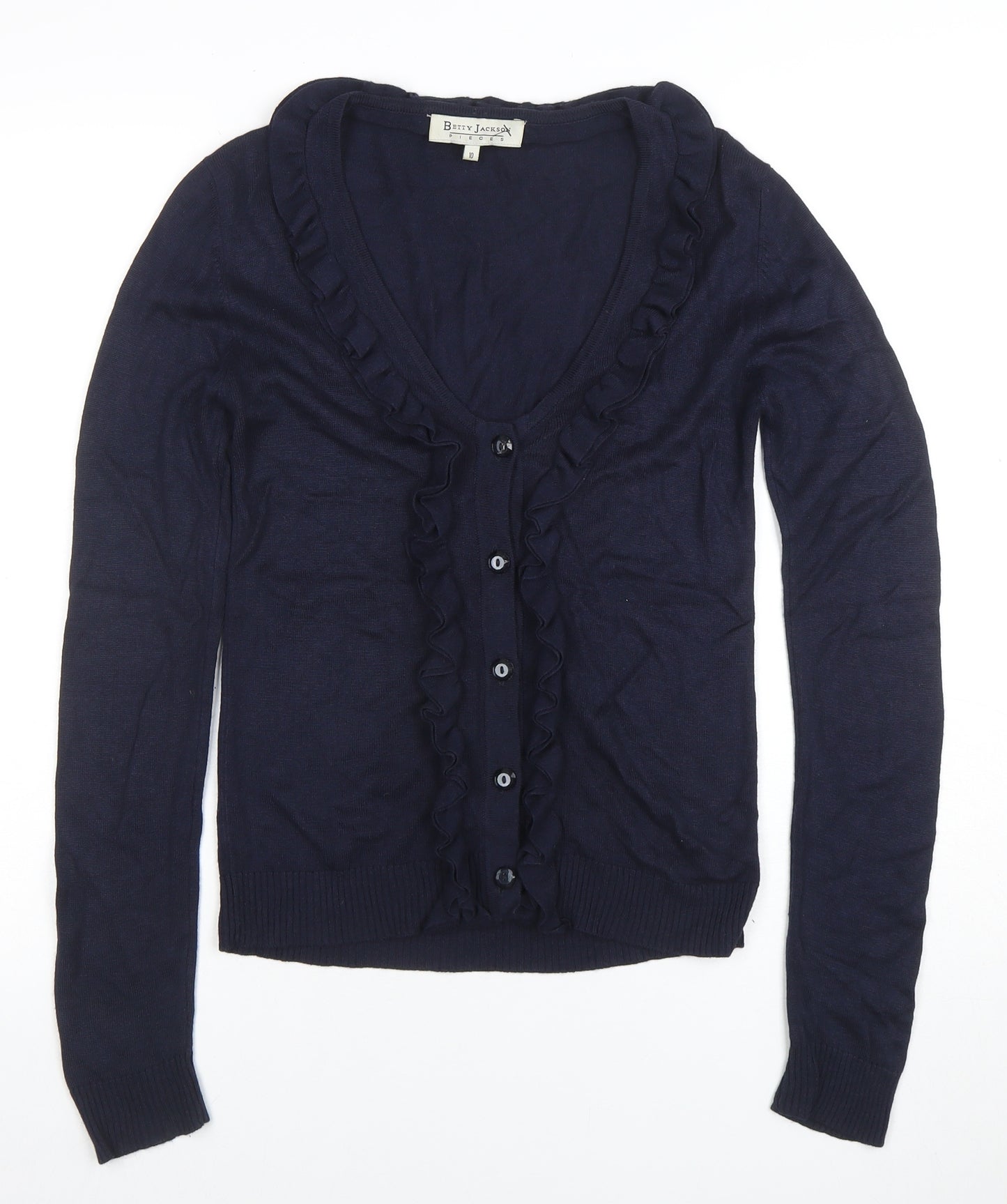 Betty Jackson Women’s Blue Ruffle V-Neck Cardigan Size 10