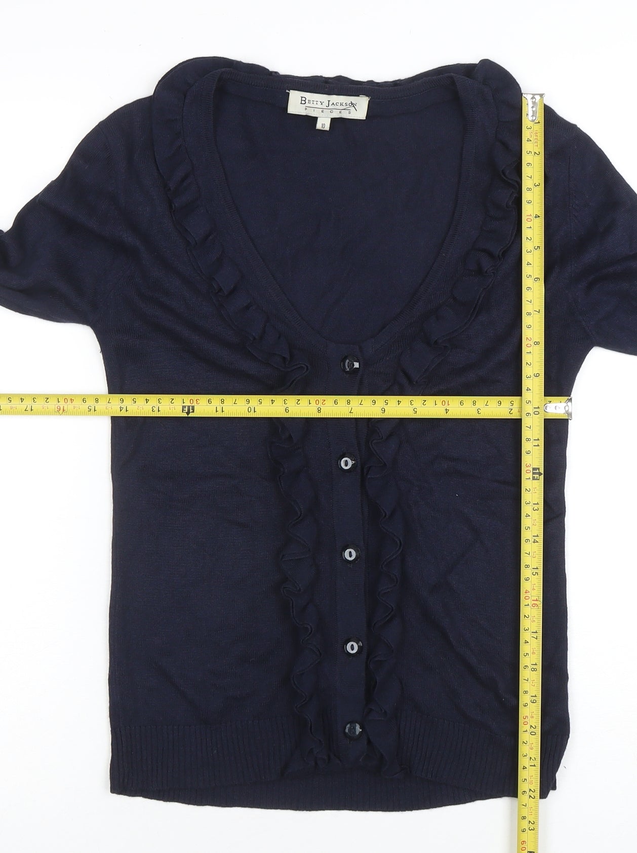 Betty Jackson Women’s Blue Ruffle V-Neck Cardigan Size 10