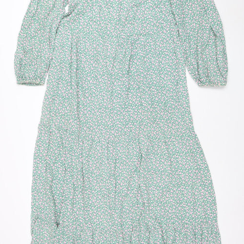 Boden Women Green Floral A-Line Midi Dress Size 8 Viscose 3/4 Sleeve