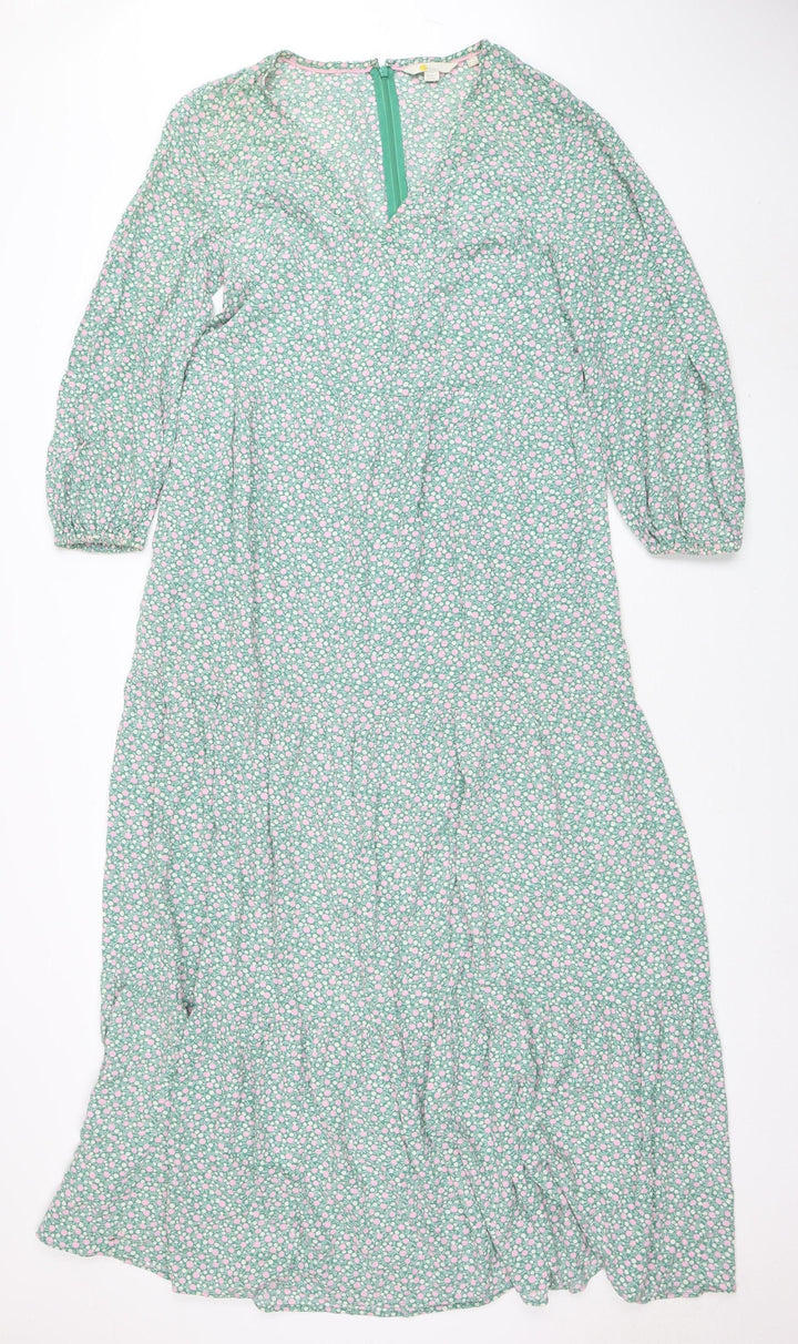 Boden Women Green Floral A-Line Midi Dress Size 8 Viscose 3/4 Sleeve