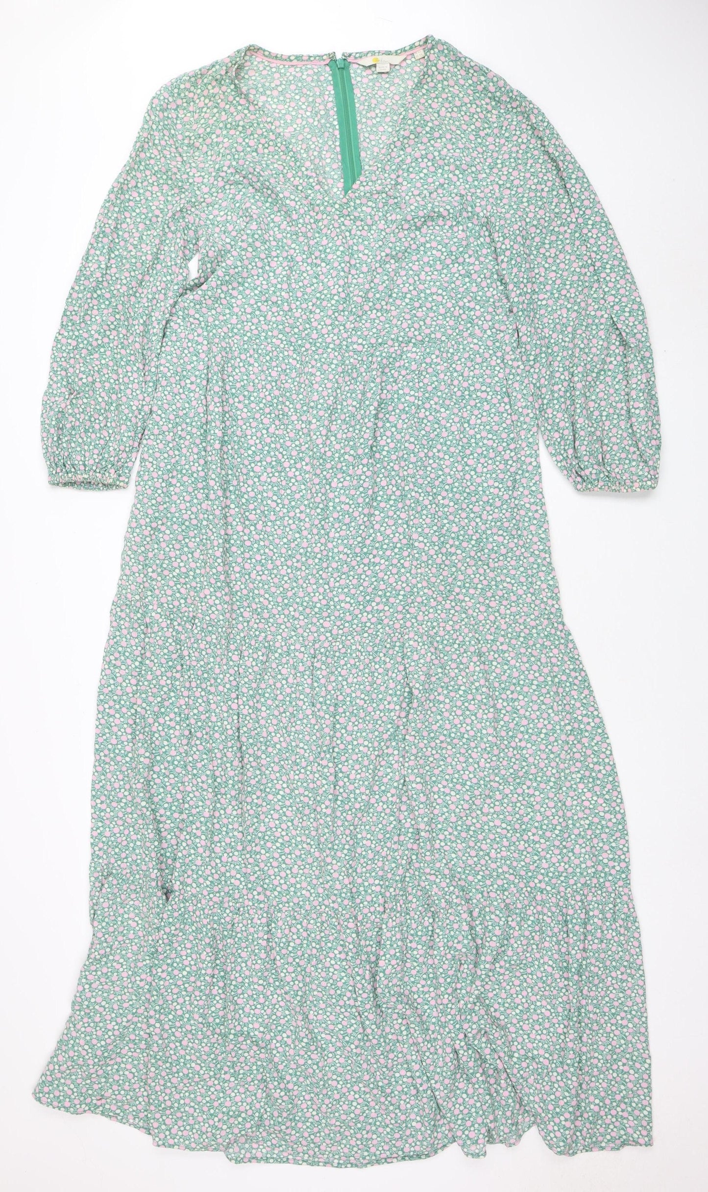 Boden Women Green Floral A-Line Midi Dress Size 8 Viscose 3/4 Sleeve