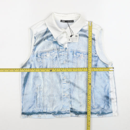 Zara Women's Blue Sleeveless Collared Button Blouse Small