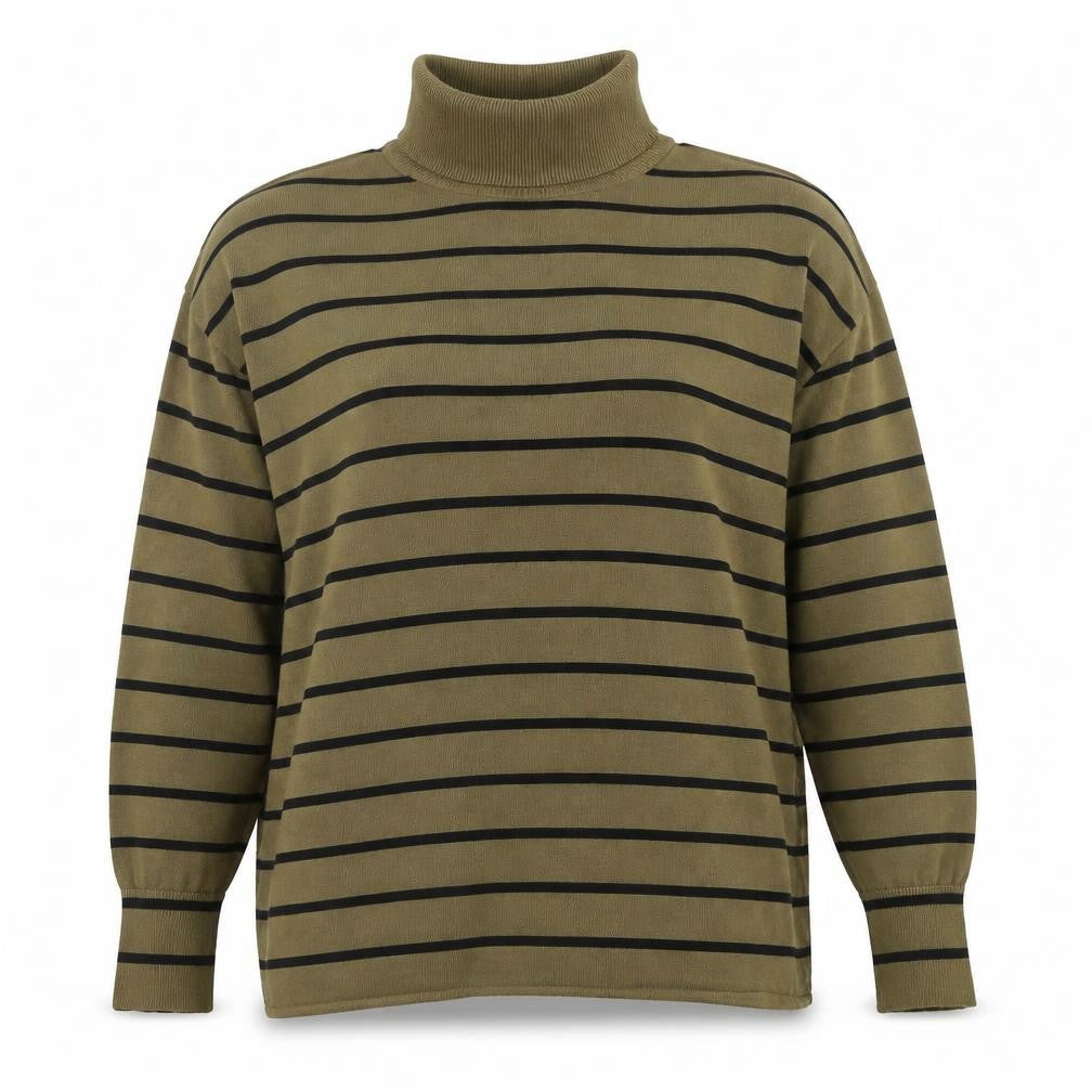 Front view of b.young Women's Green Striped Roll Neck Knit Jumper, size S