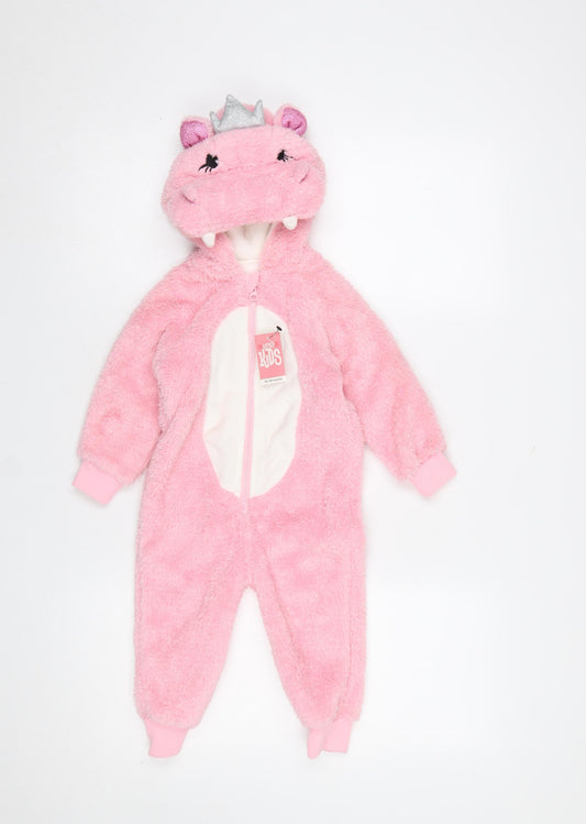 Matalan Unisex Baby Pink Hooded Hippo Babygrow 12-18 Months Fleece Zip