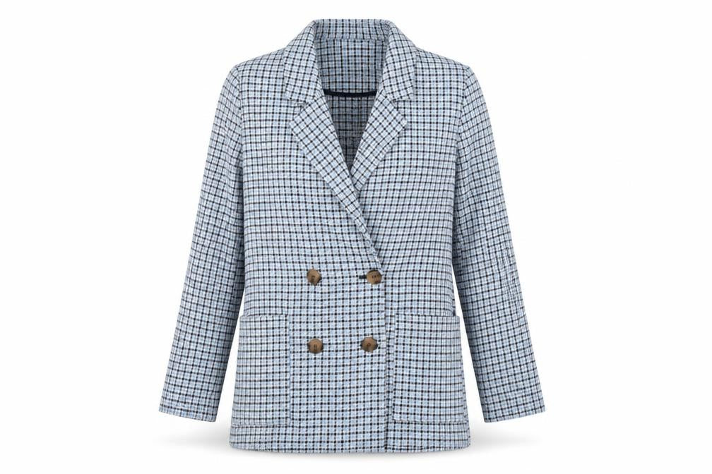 Front view of Monki women’s blue check double-breasted blazer xs