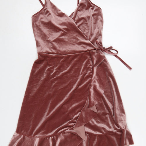 New Look Women Pink Velvet Wrap Dress UK 8 Sleeveless Ruffle Hem