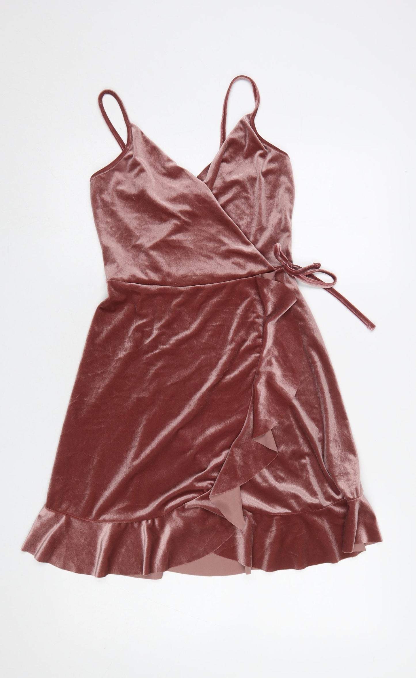 New Look Women Pink Velvet Wrap Dress UK 8 Sleeveless Ruffle Hem