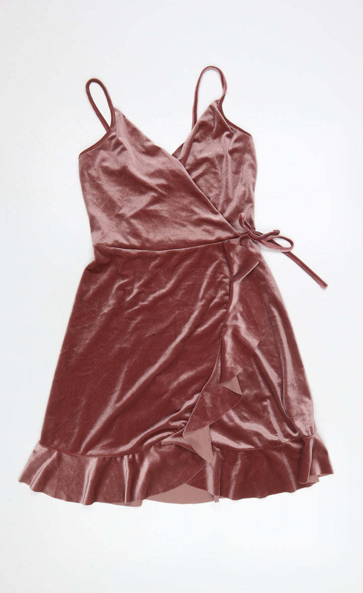 New Look Women Pink Velvet Wrap Dress UK 8 Sleeveless Ruffle Hem
