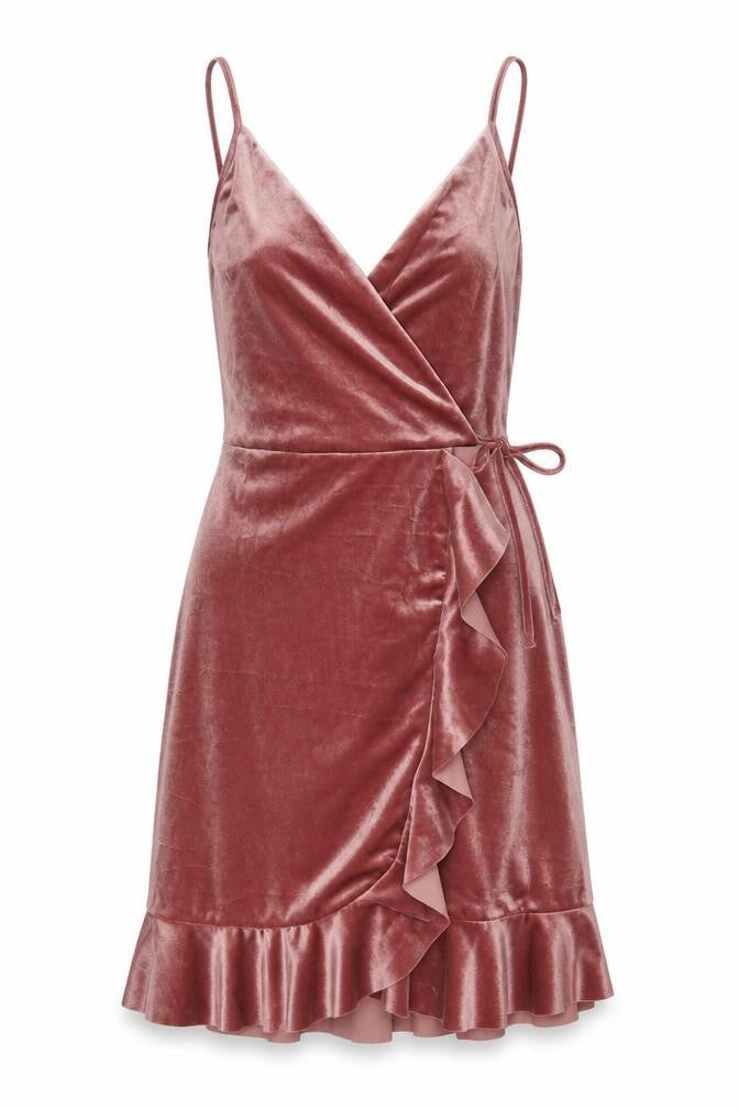 New Look Women Pink Velvet Wrap Dress UK 8 Sleeveless Ruffle Hem