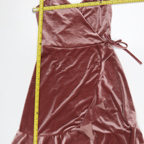 New Look Women Pink Velvet Wrap Dress UK 8 Sleeveless Ruffle Hem
