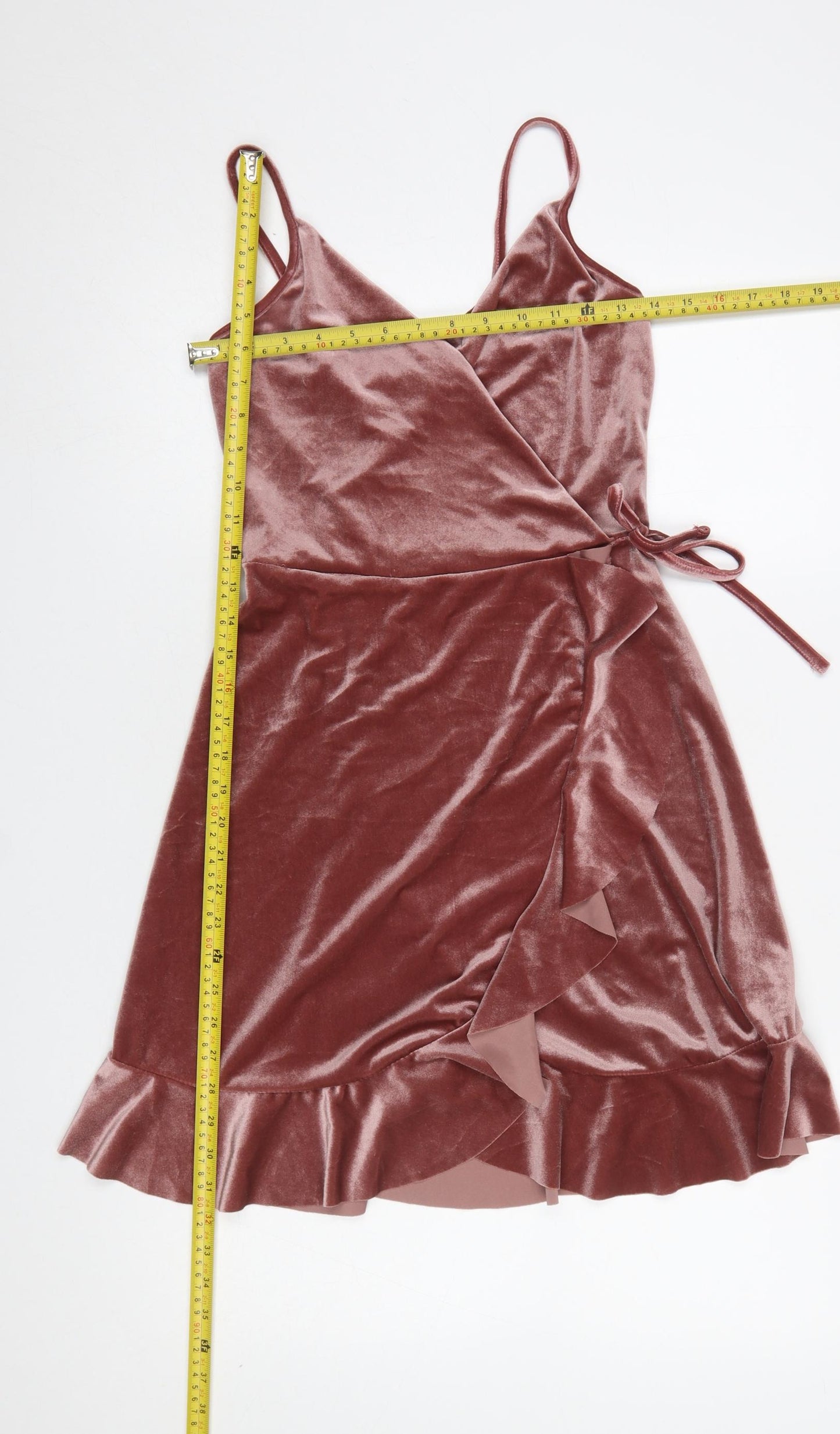 New Look Women Pink Velvet Wrap Dress UK 8 Sleeveless Ruffle Hem