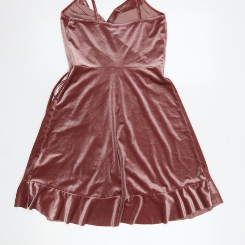 New Look Women Pink Velvet Wrap Dress UK 8 Sleeveless Ruffle Hem