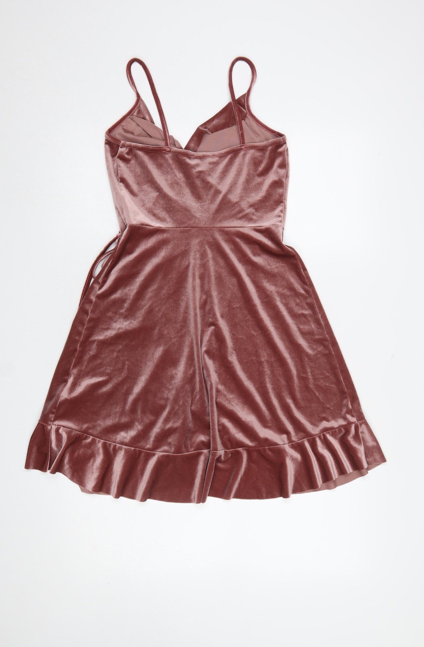 New Look Women Pink Velvet Wrap Dress UK 8 Sleeveless Ruffle Hem