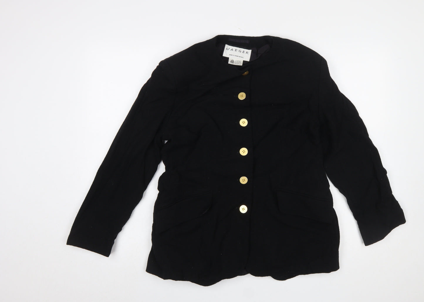 Jaeger Women Black Pure Wool Blazer UK 14 Single-Breasted Jacket
