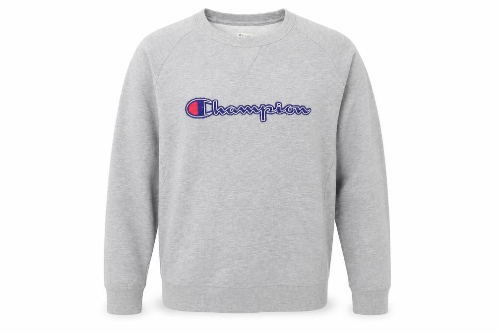 Front view of Champion men’s grey large pullover sweatshirt embroidered logo