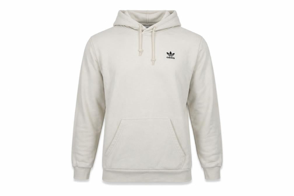 Front view of adidas Men Beige Pullover Hoodie Small Regular Fit Fleece Logo
