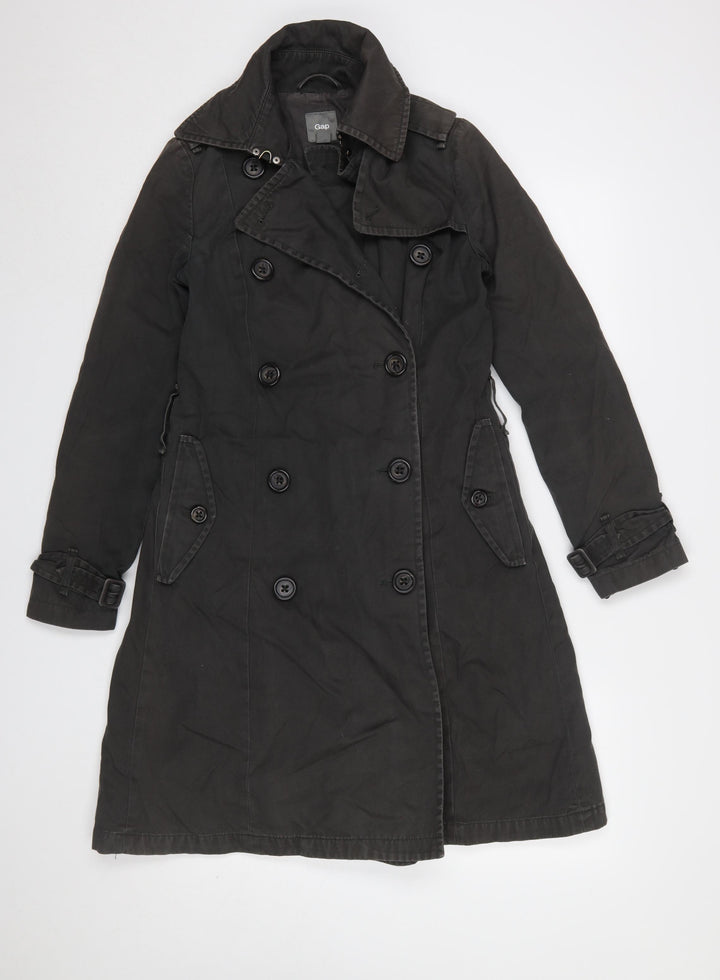 GAP Women's Black Cotton Trench Coat Size 8 Long Lined Classic Style