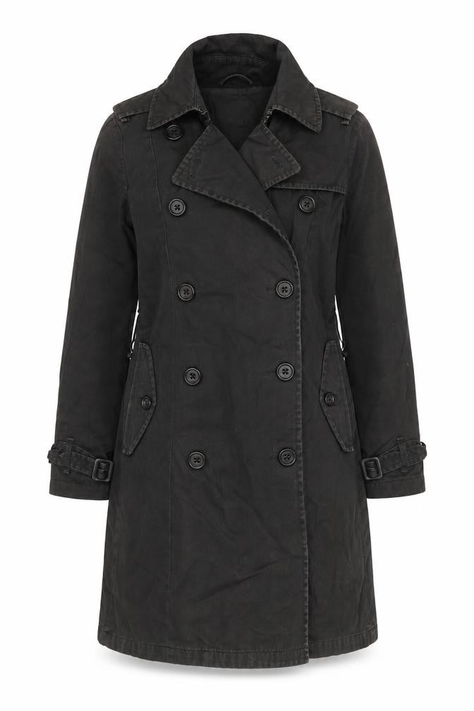 Front view of Gap Women's Black Cotton Trench Coat, size 8, Long Lined Classic Style