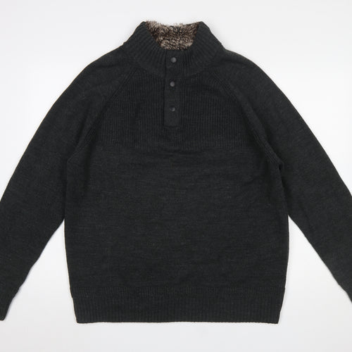 F&F Men's Black XL Henley High Neck Faux Fur Lined Jumper