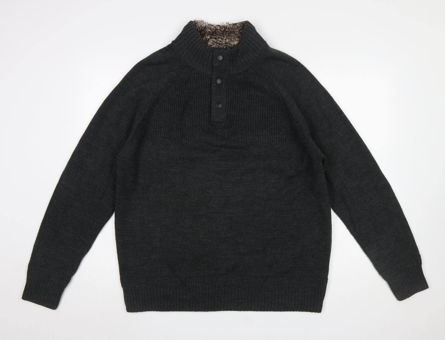 F&F Men's Black XL Henley High Neck Faux Fur Lined Jumper