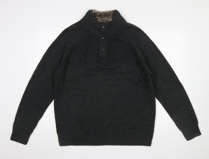 F&F Men's Black XL Henley High Neck Faux Fur Lined Jumper