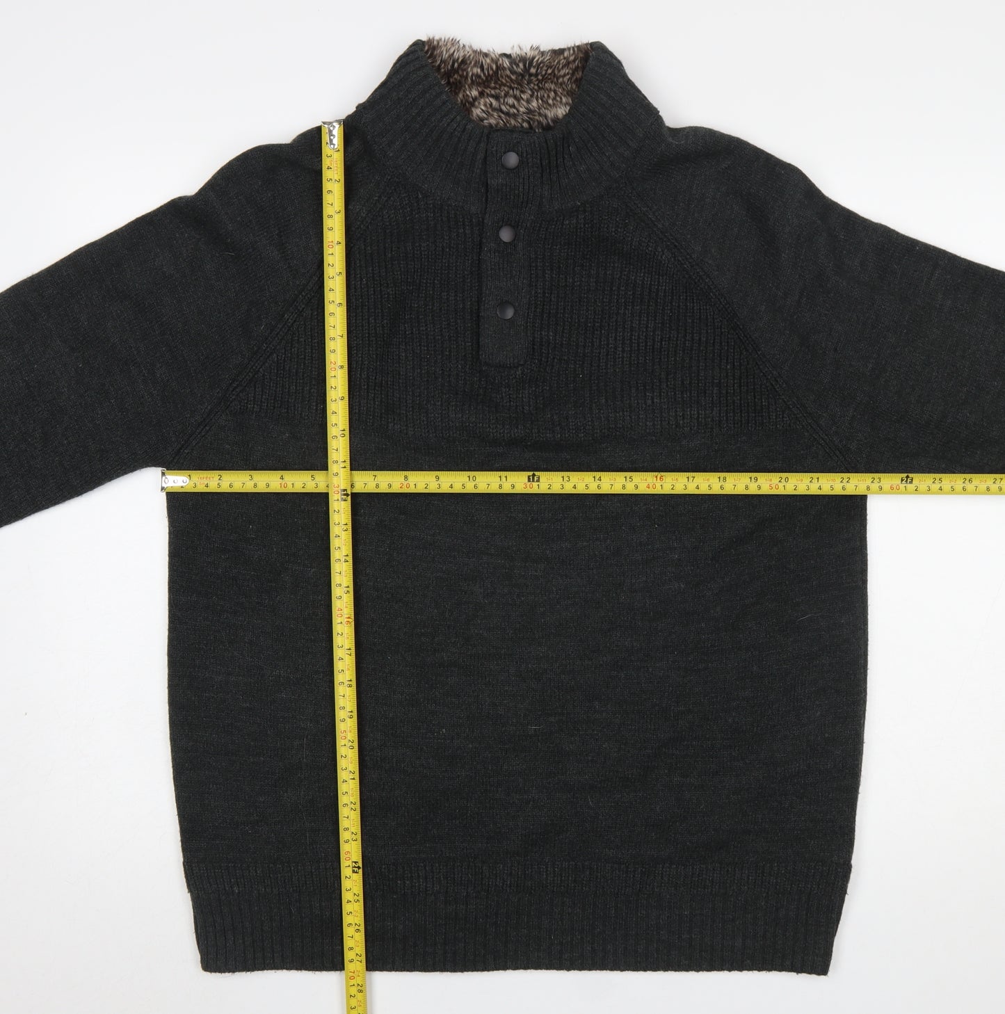 F&F Men's Black XL Henley High Neck Faux Fur Lined Jumper
