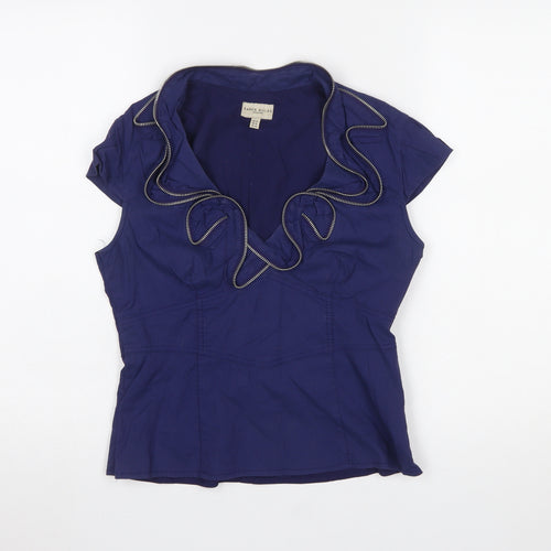 Karen Millen Women's Blue Ruffle V-Neck Short Sleeve Cotton Blouse Size 14