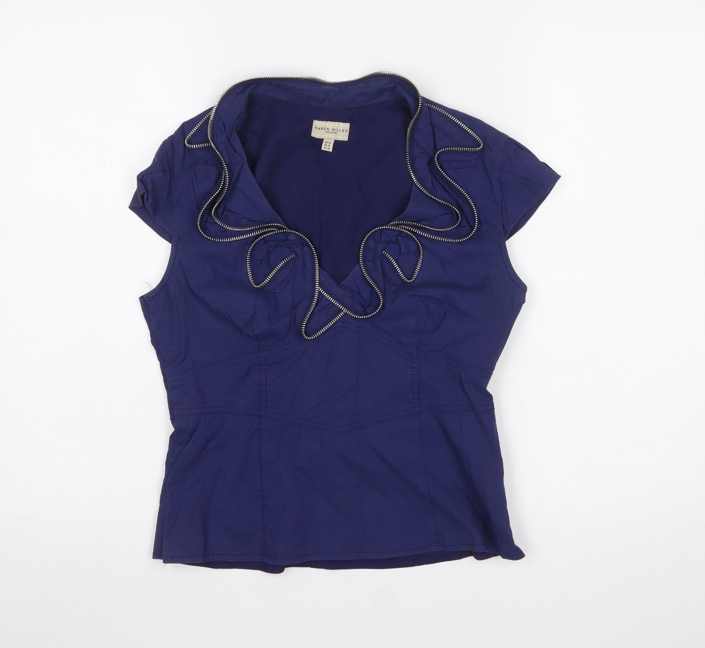 Karen Millen Women's Blue Ruffle V-Neck Short Sleeve Cotton Blouse Size 14