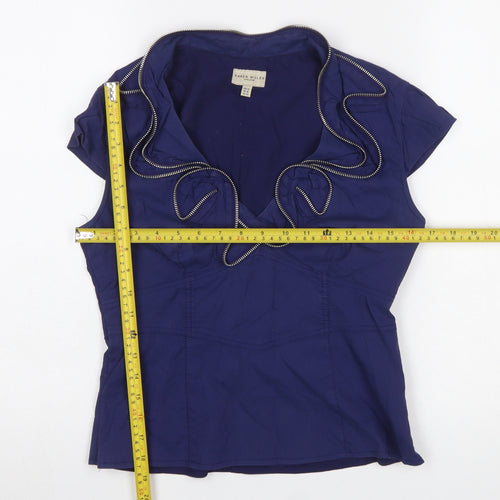 Karen Millen Women's Blue Ruffle V-Neck Short Sleeve Cotton Blouse Size 14