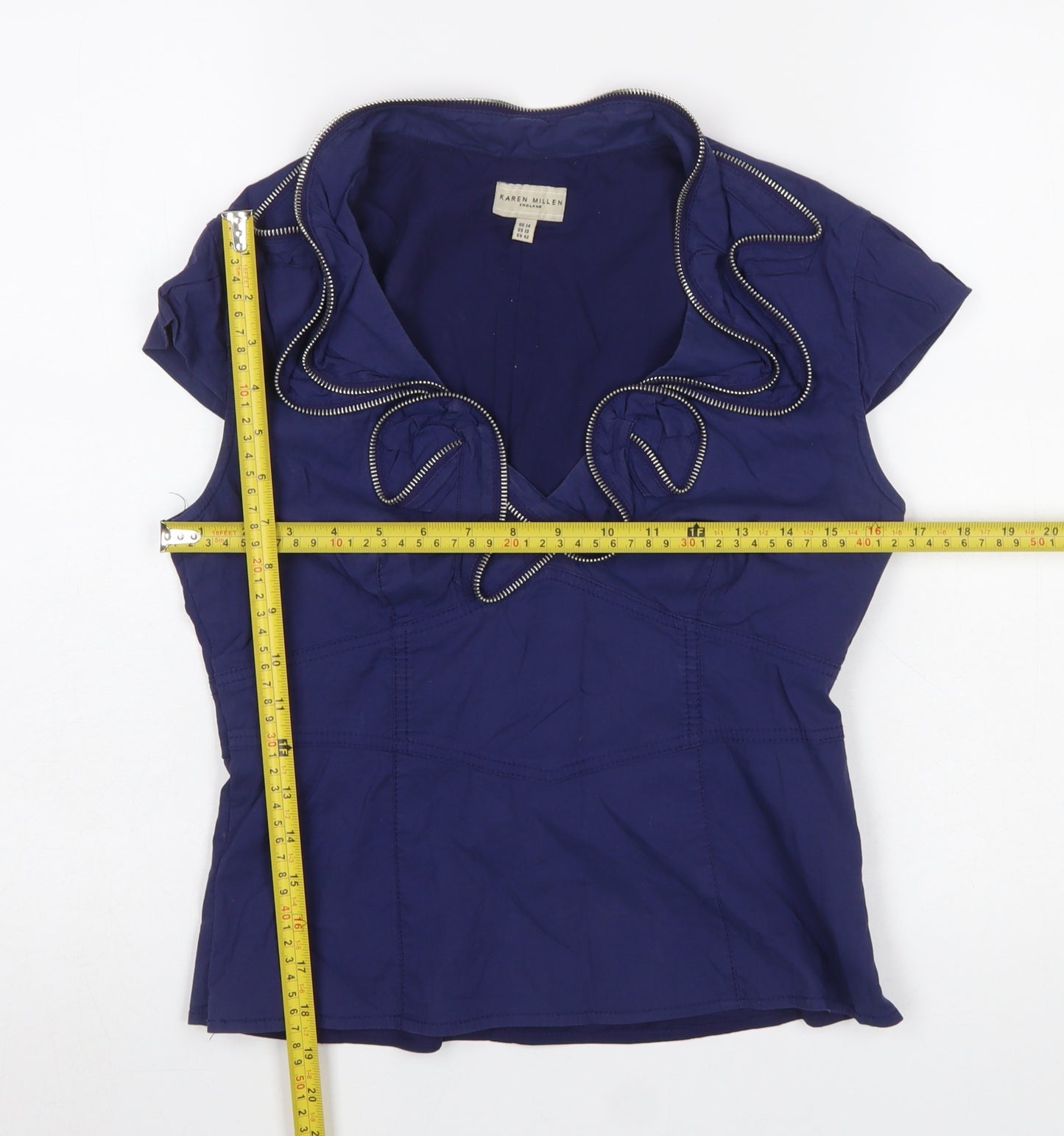 Karen Millen Women's Blue Ruffle V-Neck Short Sleeve Cotton Blouse Size 14