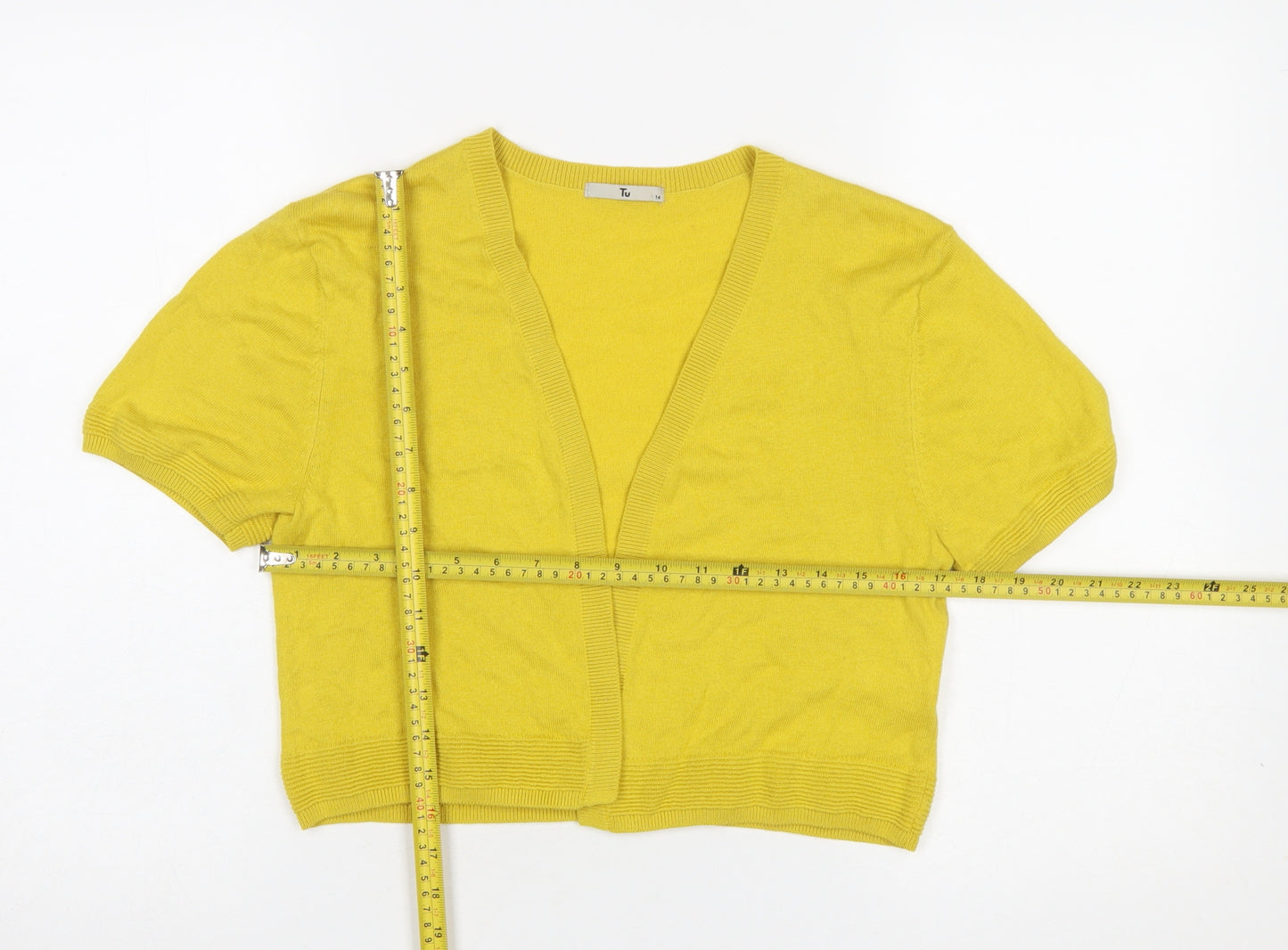 Tu Women Yellow Short Sleeve V-Neck Cardigan Size 14