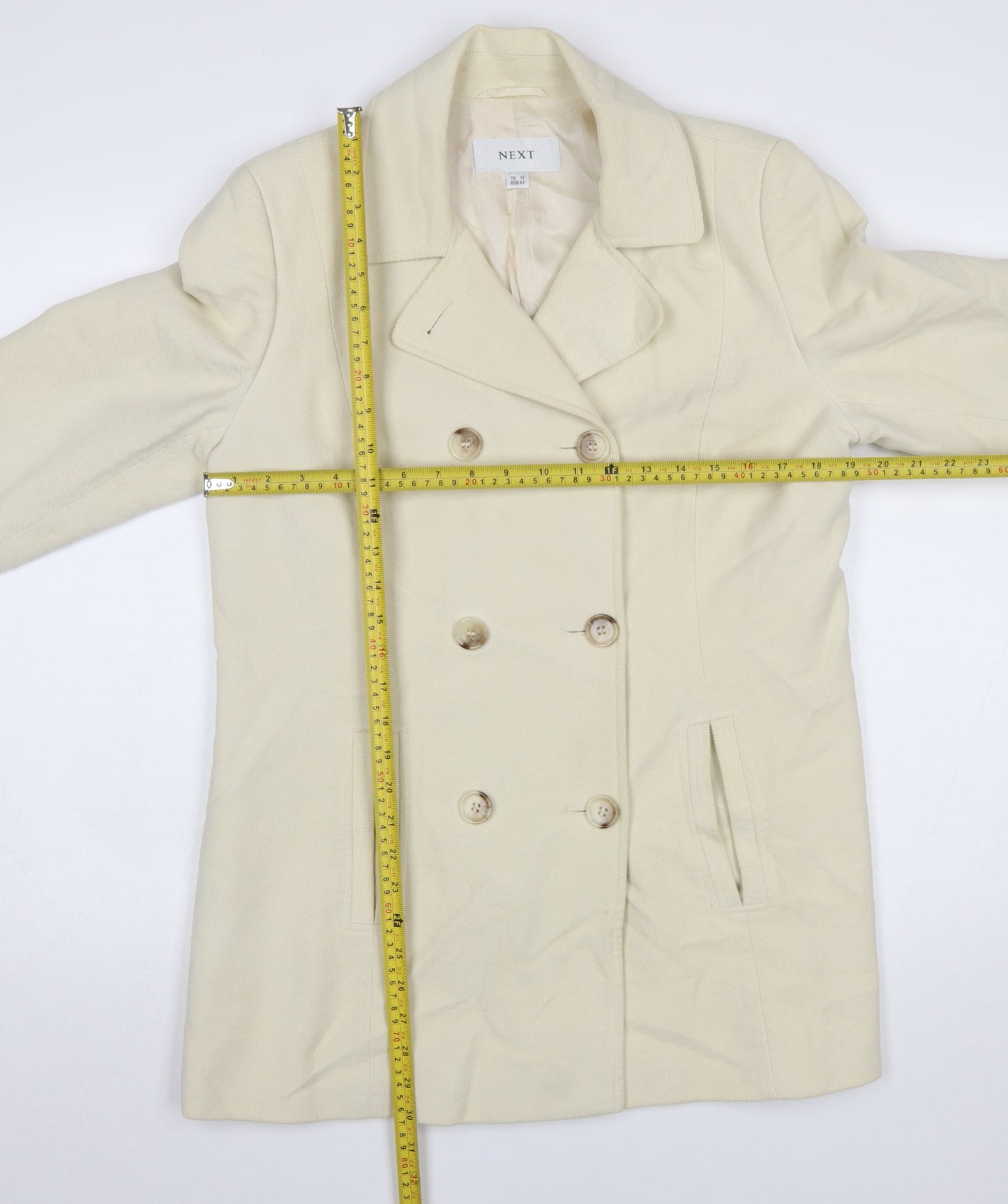 Next Women Beige Pea Coat UK 14 Cotton Lined Double Breasted