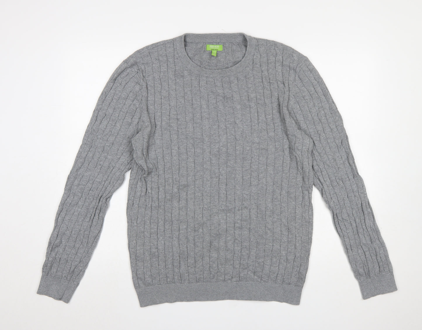 Feraud Mens Grey Cable-Knit Cotton Crew Neck Jumper XL