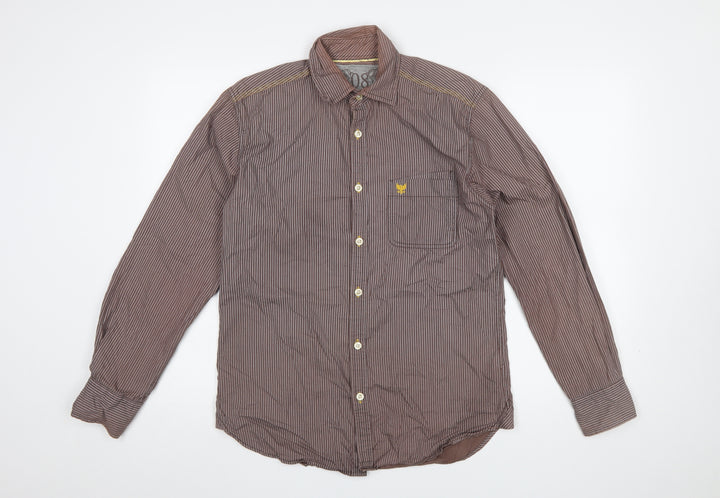 Lee Cooper Men's Brown Striped Cotton Long Sleeve Button-Up Shirt Size S