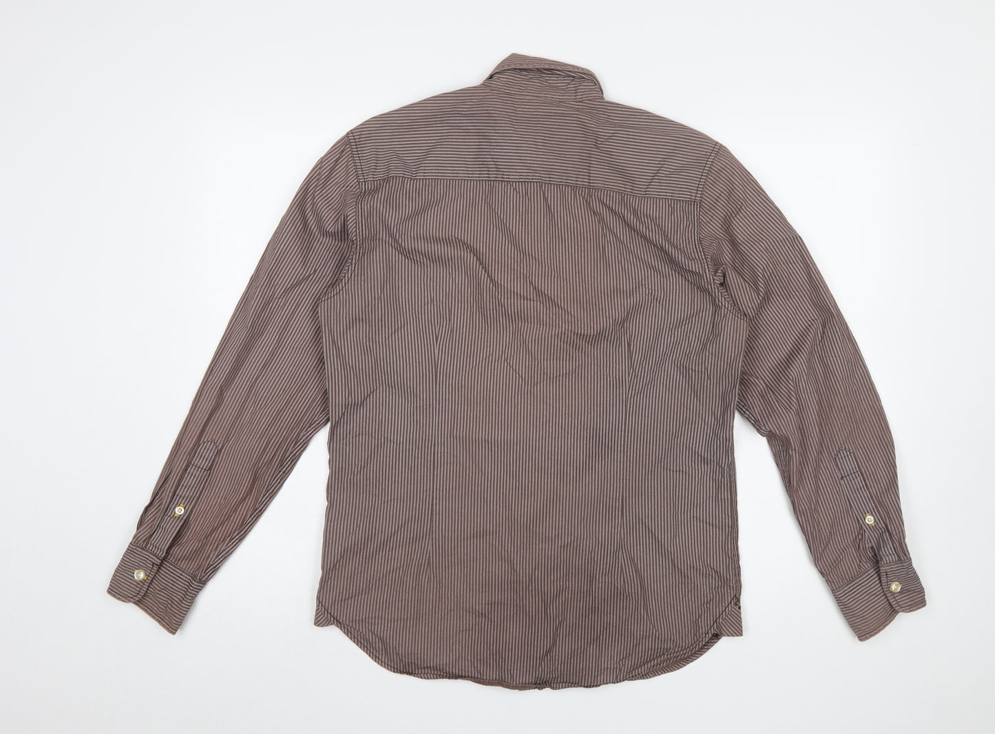 Lee Cooper Men's Brown Striped Cotton Long Sleeve Button-Up Shirt Size S