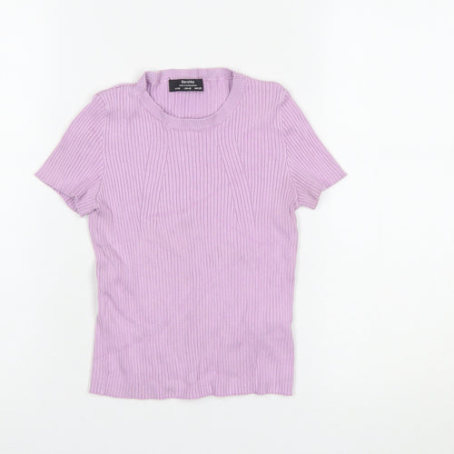 Bershka Women Purple Ribbed Knit Short Sleeve Basic T-Shirt Size 12