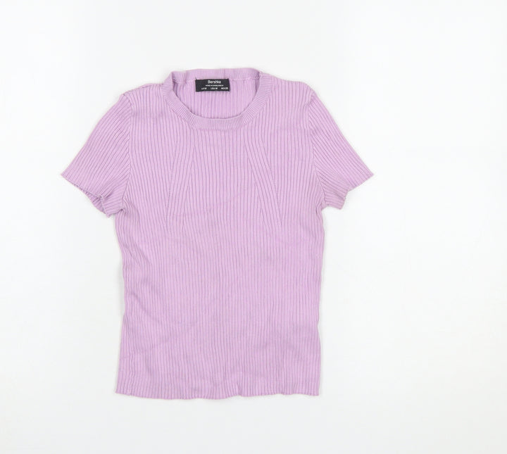 Bershka Women Purple Ribbed Knit Short Sleeve Basic T-Shirt Size 12