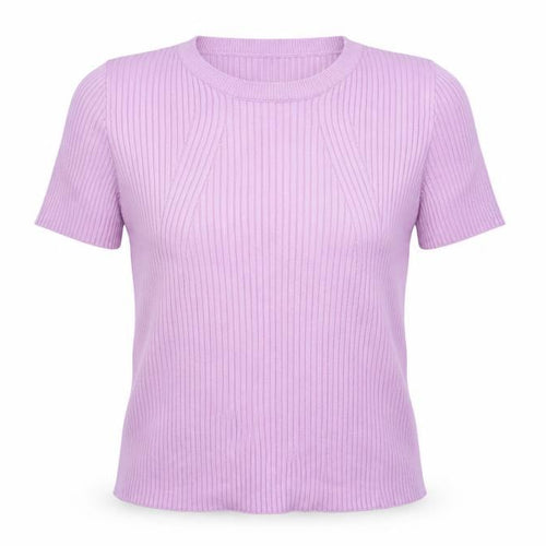 Bershka Women Purple Ribbed Knit Short Sleeve Basic T-Shirt Size 12