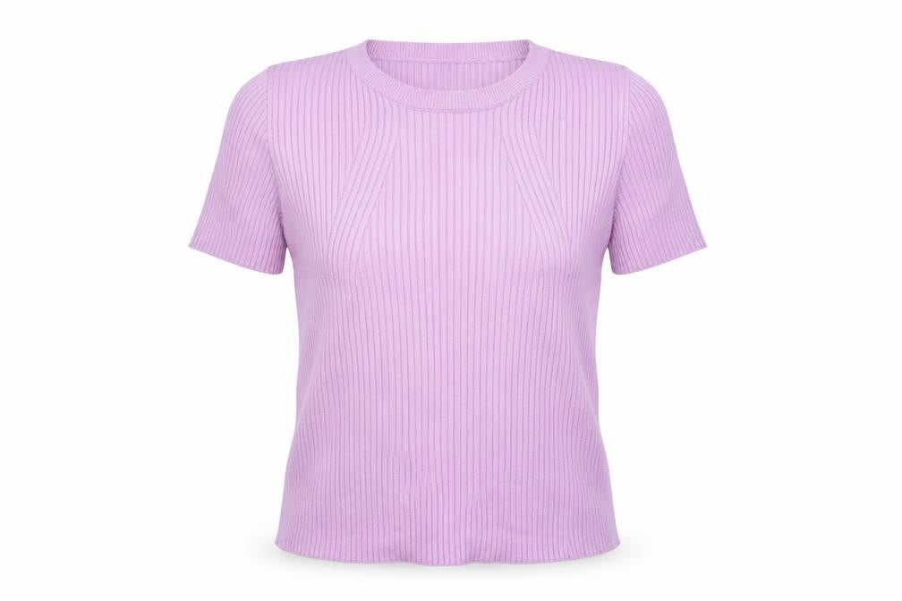 Bershka Women Purple Ribbed Knit Short Sleeve Basic T-Shirt Size 12