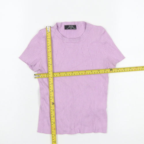 Bershka Women Purple Ribbed Knit Short Sleeve Basic T-Shirt Size 12