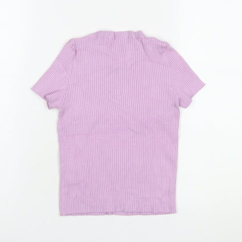 Bershka Women Purple Ribbed Knit Short Sleeve Basic T-Shirt Size 12