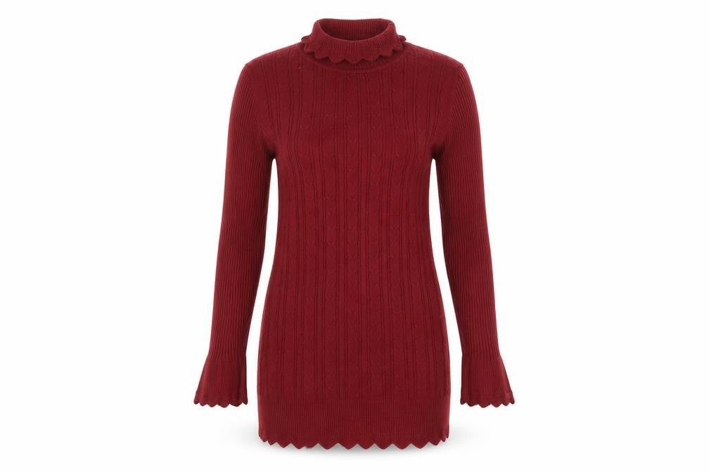 Front view of Calico Women's Red Cable Knit Mock Neck Long Sleeve jumper M