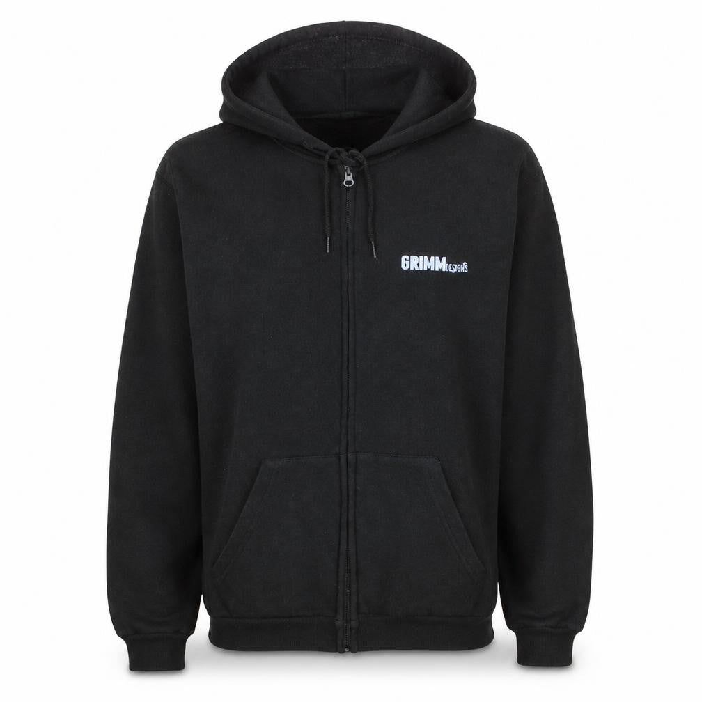 Front view of Grimm Designs Black Full Zip Hoodie Women Medium Skull Graphic