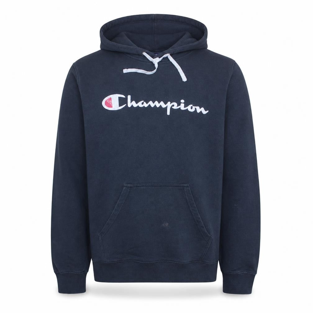 Front view of Champion men’s blue pullover hoodie small logo fleece sweatshirt